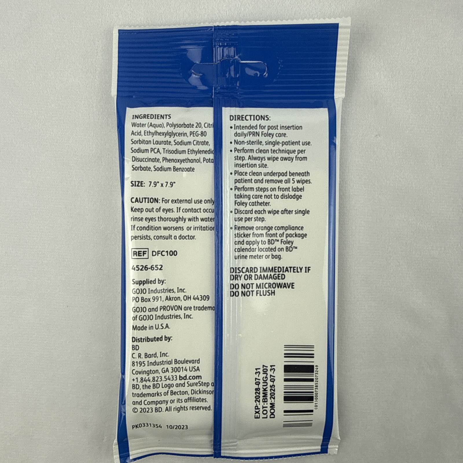 GOJO PROVON BD SureStep Post Insertion Foley Care Wipes DFC100, 10 Packs of 5 ea