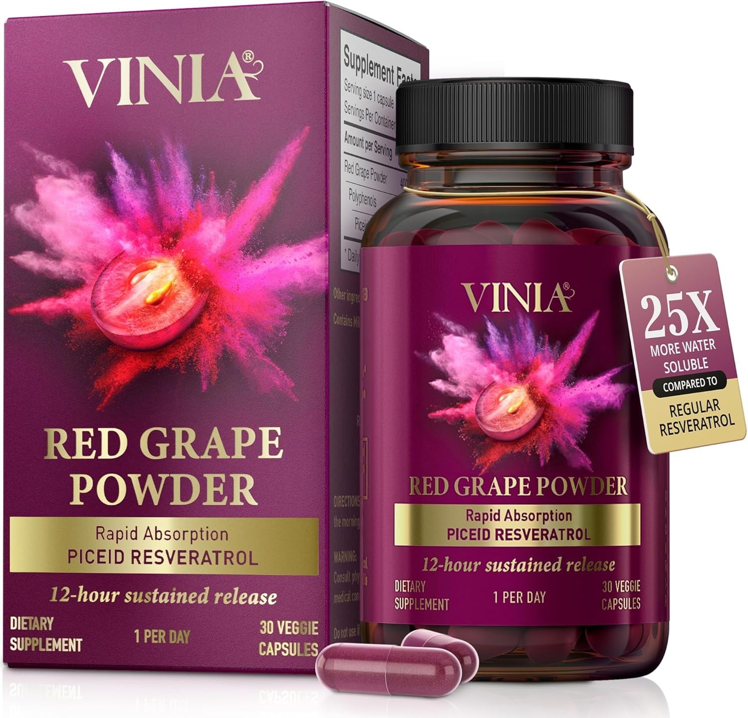 VINIA Red Grape Powder Capsules Resveratrol and Nitric Oxide Supplement 30 Cap