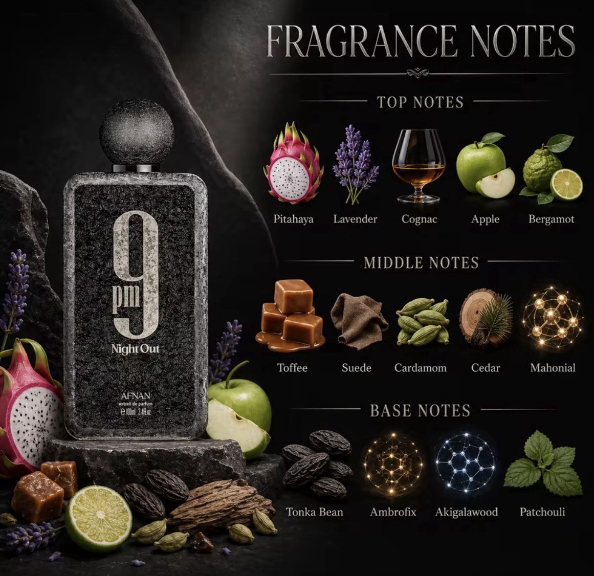 Afnan Unisex 9 PM Night Out Extrait de Parfum Spray 3.4 oz Fragrances