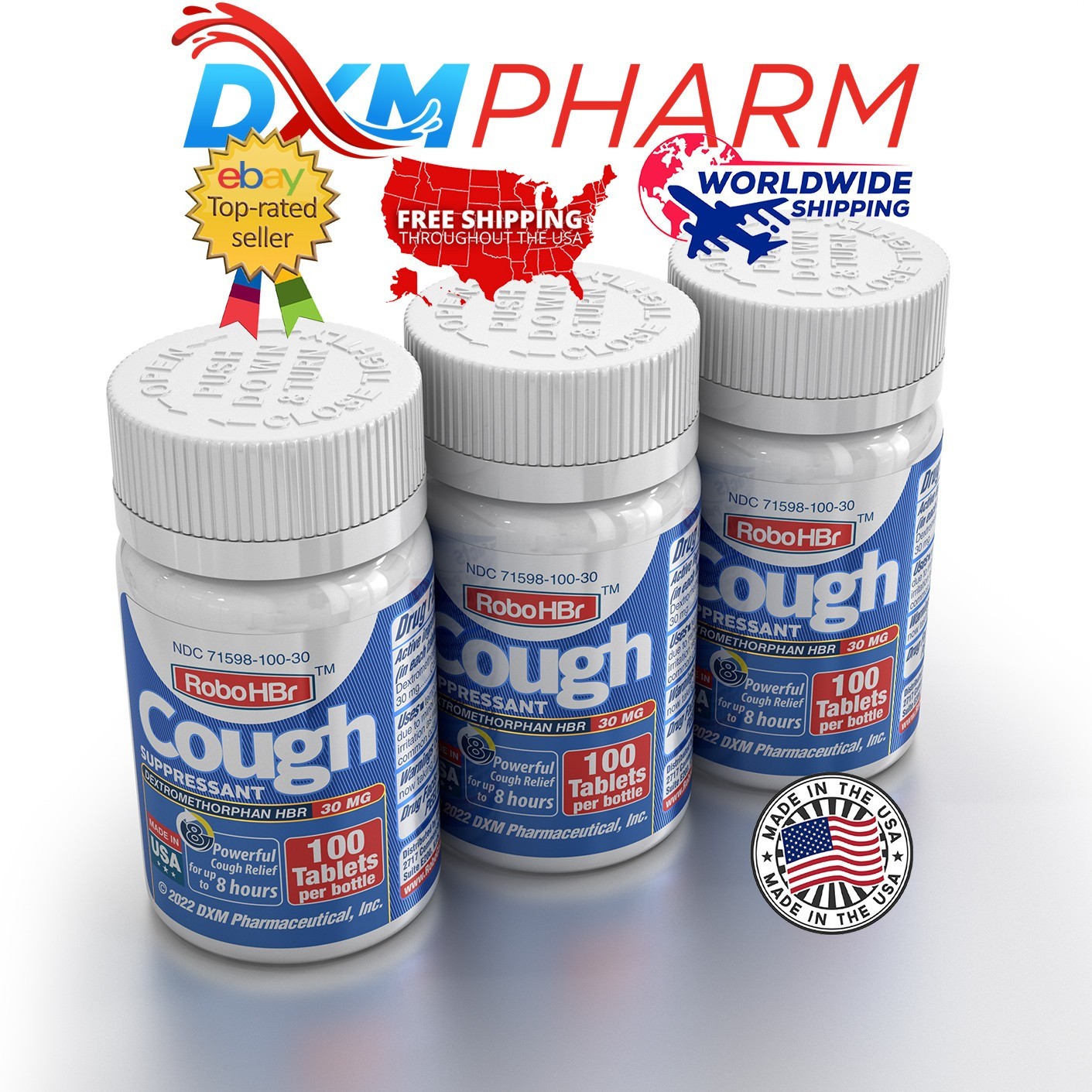 3 PACK HBr Cough suppressant 100 Tablets 30mg of Dextromethorphan Hbr