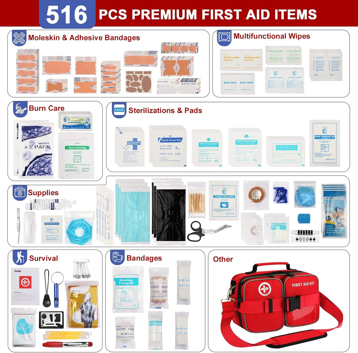 516 Piece First Aid Kit for Car, Travel & Home, FSA Eligible HSA Items – Large P