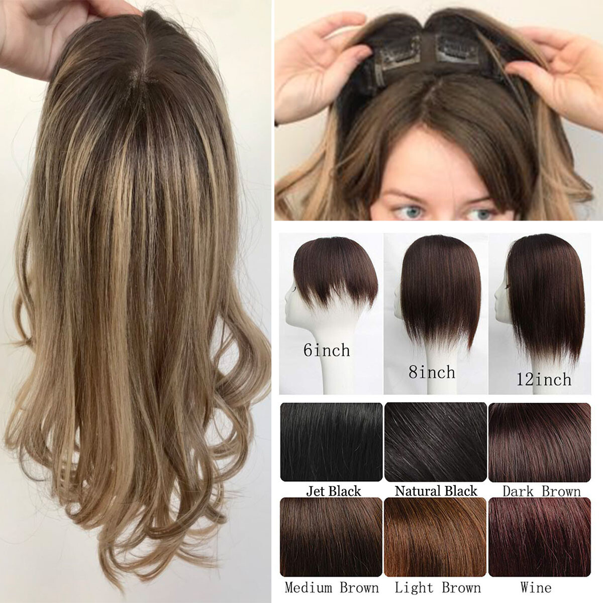 US CLEARANCE 100% Real Human Hair Clip In Top Topper Remy Piece Silk Base Toupee