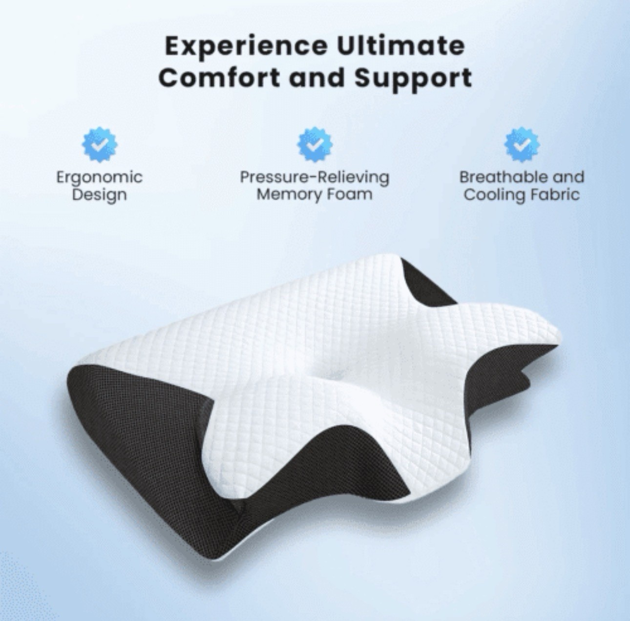 Ergonomic Memory Foam Neck Support Pillow, Breathable, White/Black