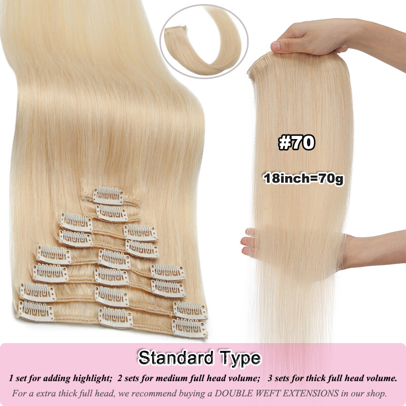 8Pieces 18Clips Natural Real Human Hair Extensions Clip In Long Full Head 8-24″