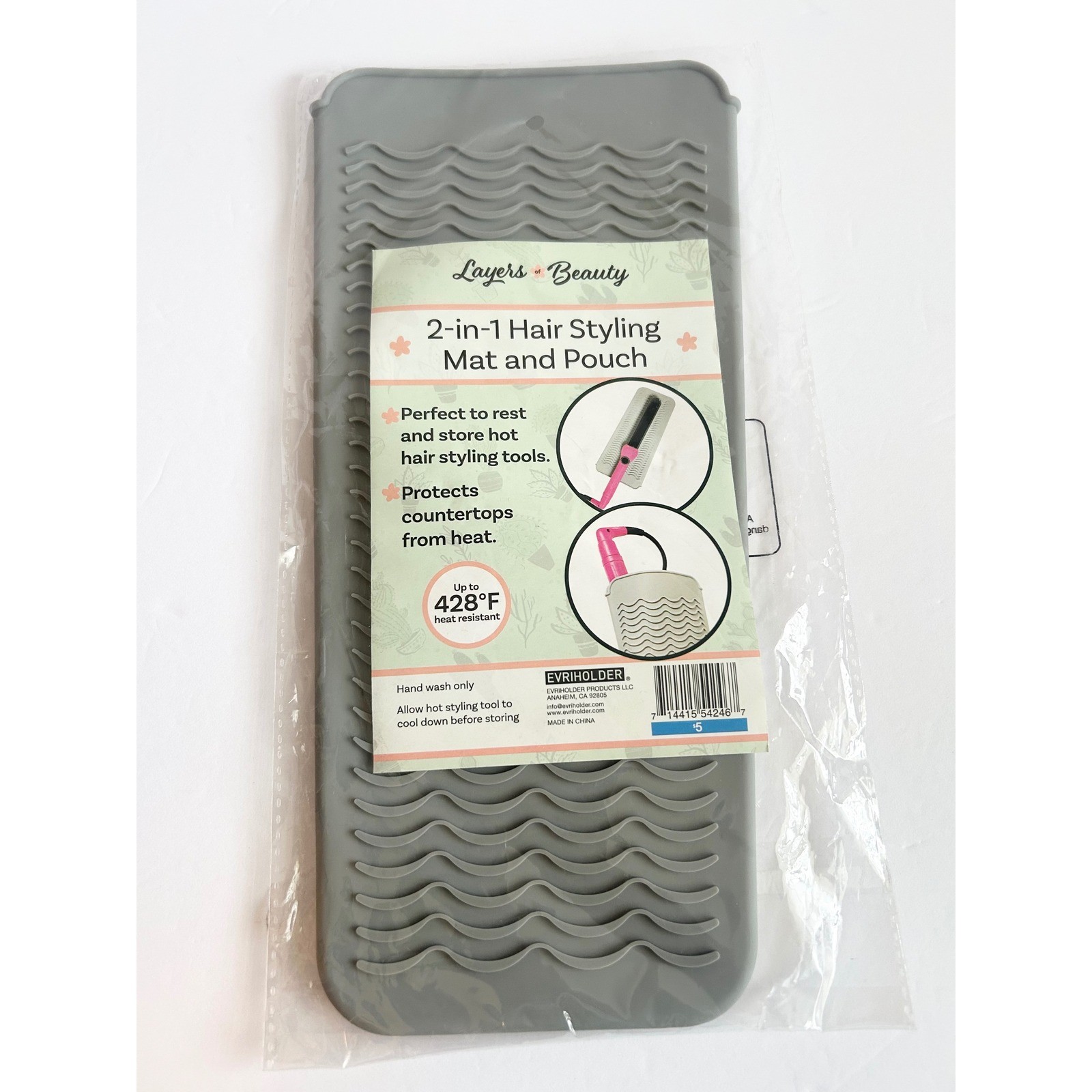 Layers of Beauty 2-in-1 Hair Styling Mat and Pouch Gray Silicone Heat Resistant