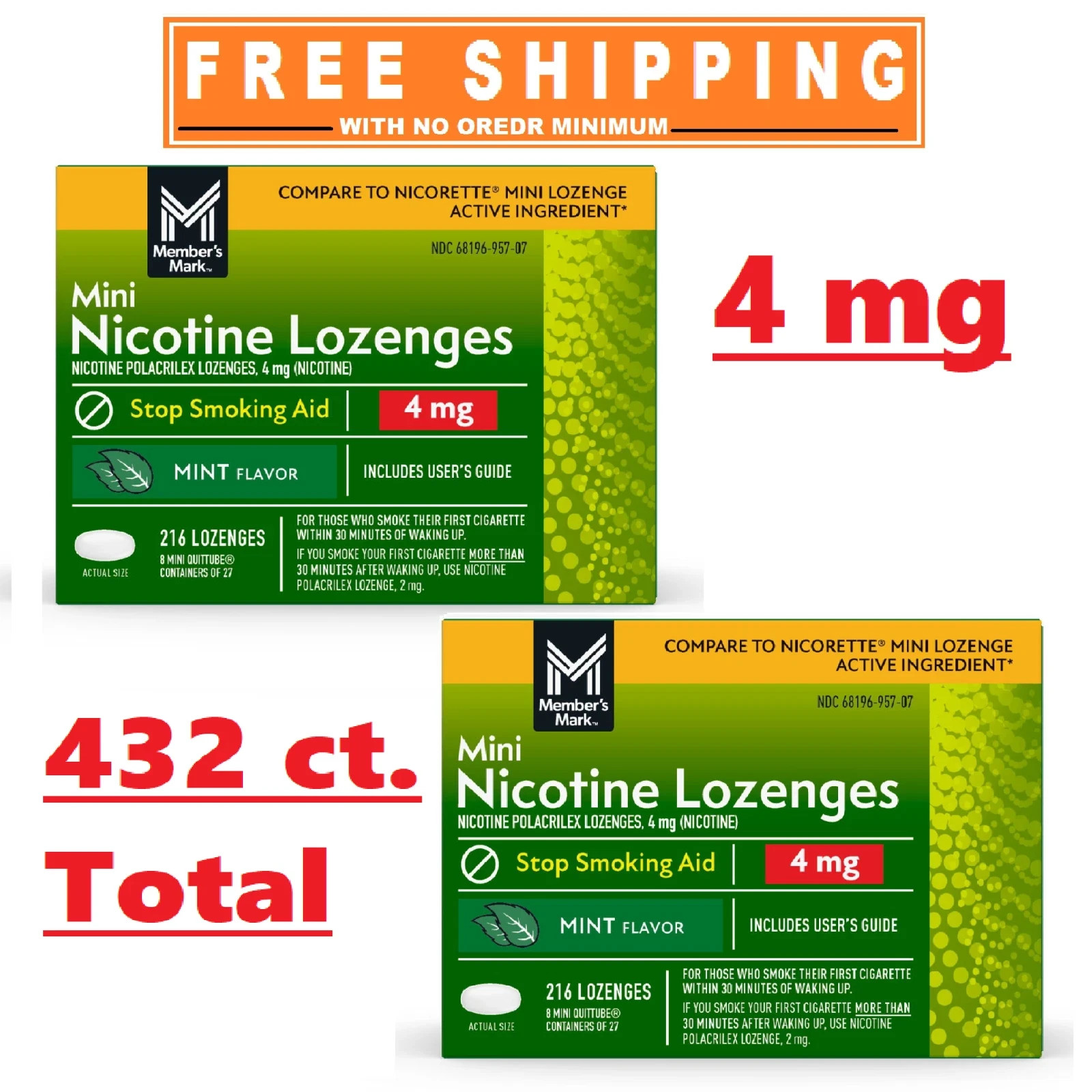2 Pack – Member’s Mark Nicotine Mini Lozenge,Flavor: Mint 4 MG . 216 ct.