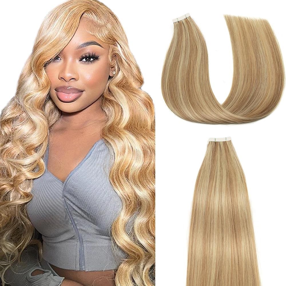 P27/613 Blonde Tape in Extensions Human Hair 12 Inch Highlight Blonde Straigh…