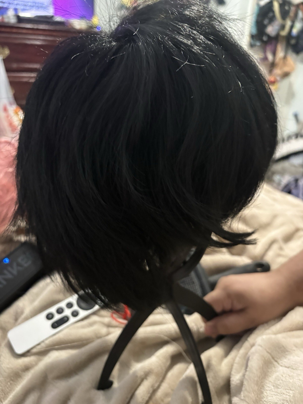 Black Short Straight Bob Wig, Synthetic Cosplay Hairpiece w/ Classic Cap
