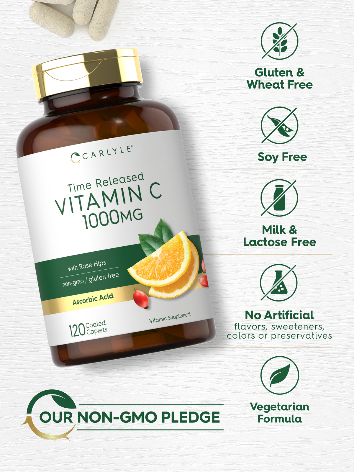 Vitamin C 1000mg with Rose Hips | 120 Caplets | Vegetarian | by Carlyle