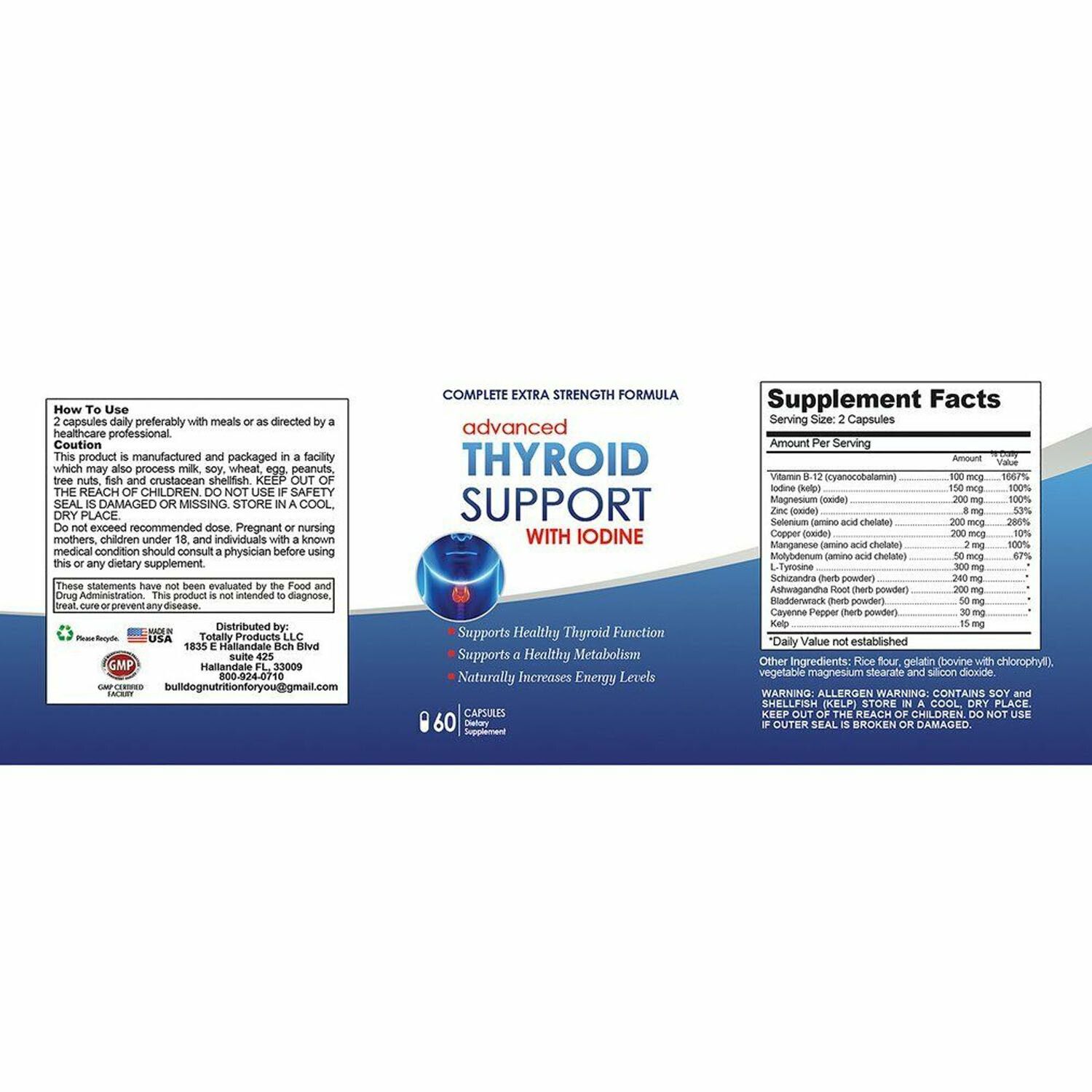 Advanced Thyroid Support Supplement with Iodine Dietary 60 Caps Free Shipping