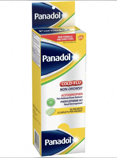Panadol Cold and Flu Non-Drowsy (50 Packs 2 Caplets) Acetaminophen Cold+Flu