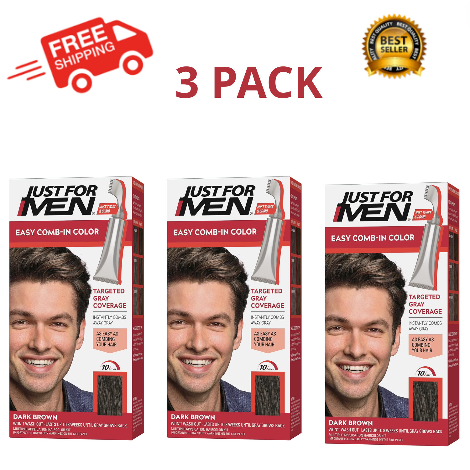 Just For Men Easy Comb-In Hair Color Dark Brown A-45 Gray Coverage, 3 Pack