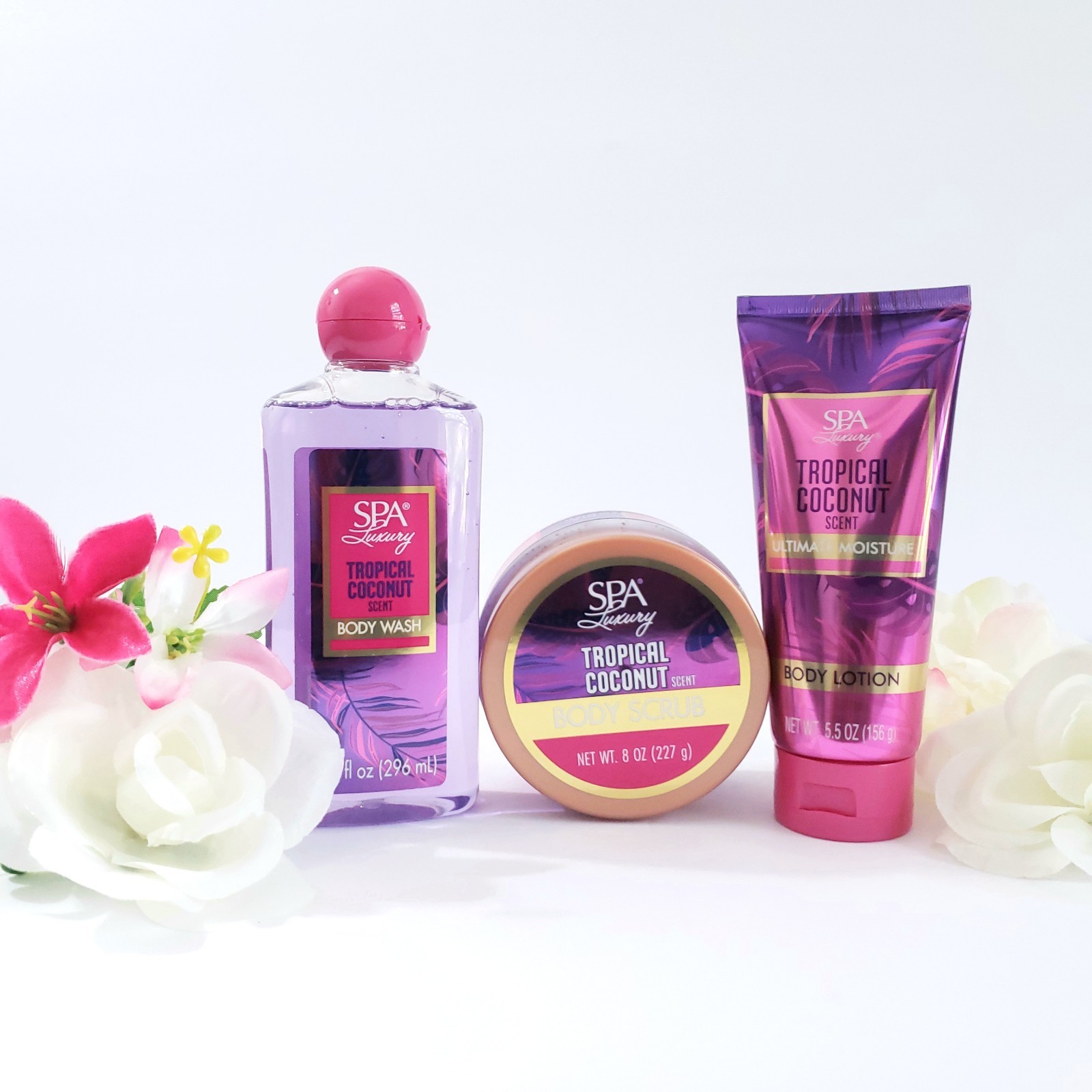 SPA Luxury Tropical Coconut Body Scrub 8 oz Lotion 5.5 oz Body Wash 10 fl oz Set