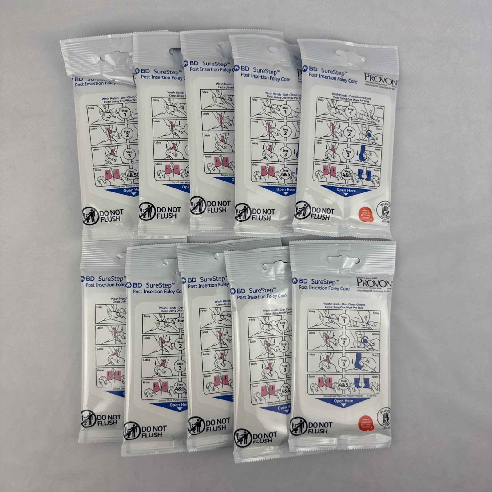 GOJO PROVON BD SureStep Post Insertion Foley Care Wipes DFC100, 10 Packs of 5 ea