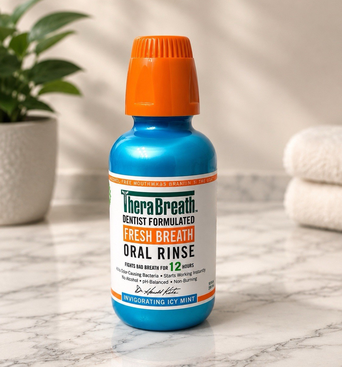 TheraBreath Fresh Breath Oral Rinse Mouthwash, Alcohol Free, Icy Mint 16 fl oz