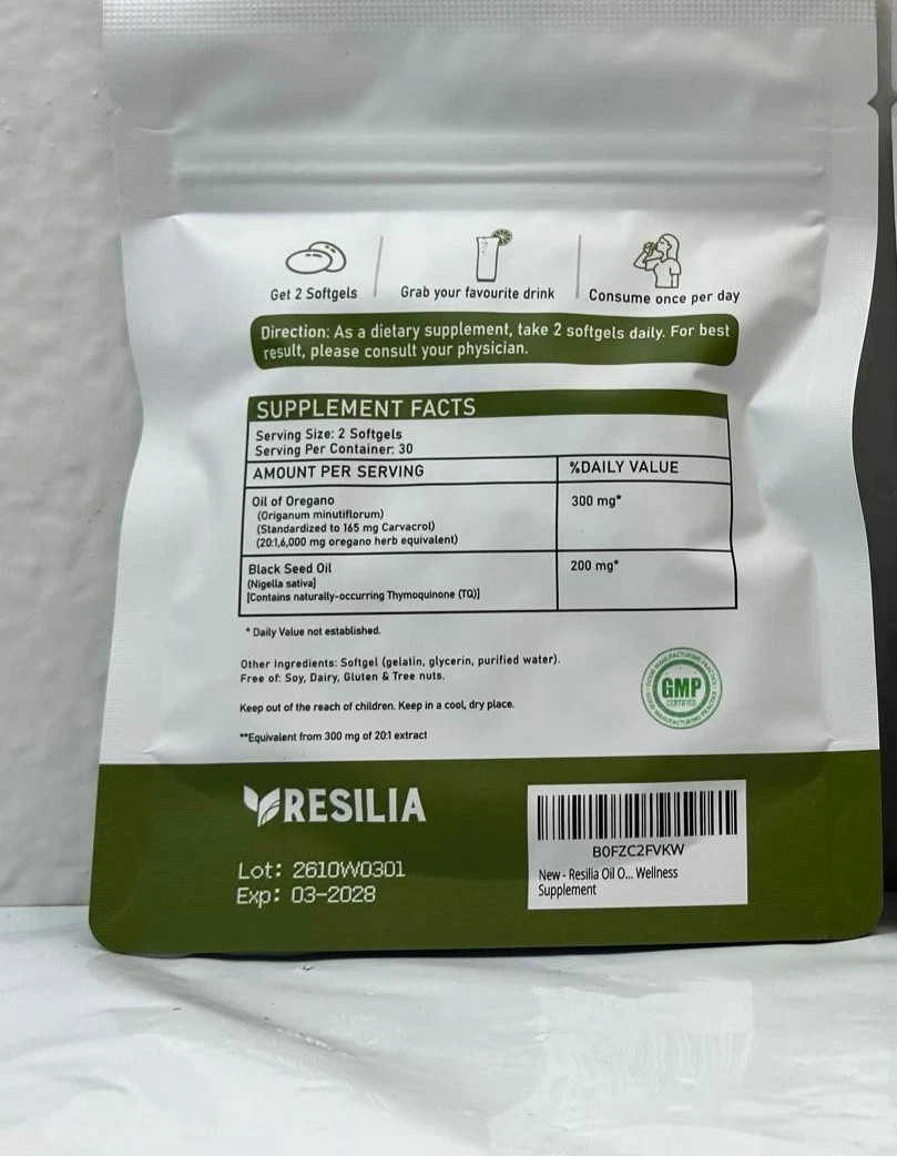 2 Sealed Resilia Oil Of Oregano 6,000 Mg, With Black Seed Oil, 60 Softgels Each