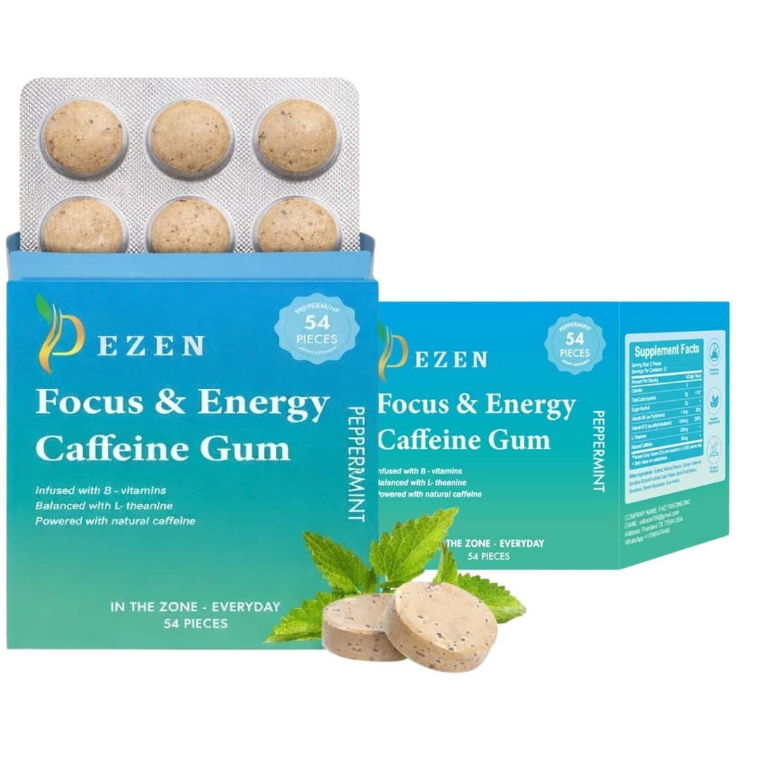 DEZEN Caffeine Energy Mint Gum Peppermint Flavor, 54 Pieces Fast Energy Boost