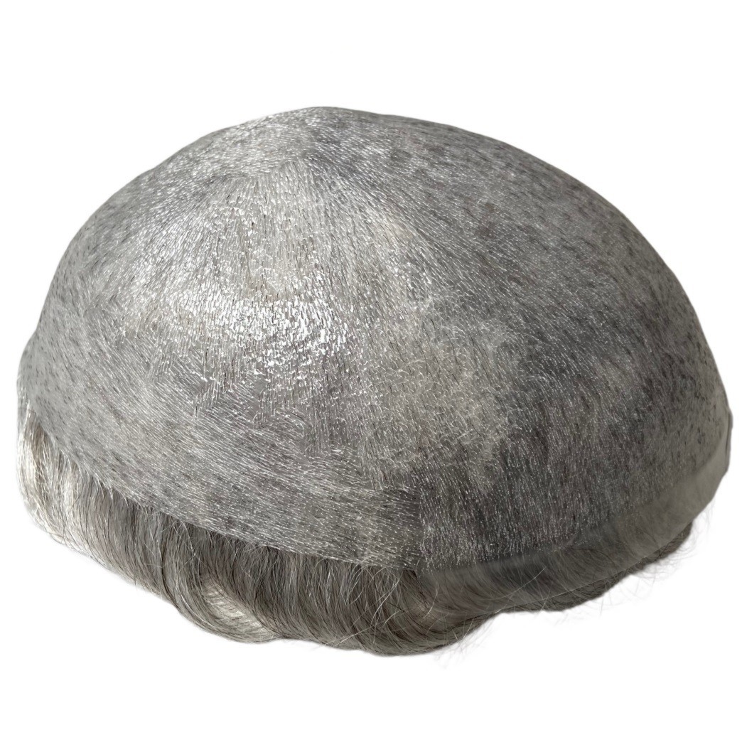 Mens Toupee Human Hair Invisible 03mm Ultra Thin Skin Replacement Hairpiece Grey