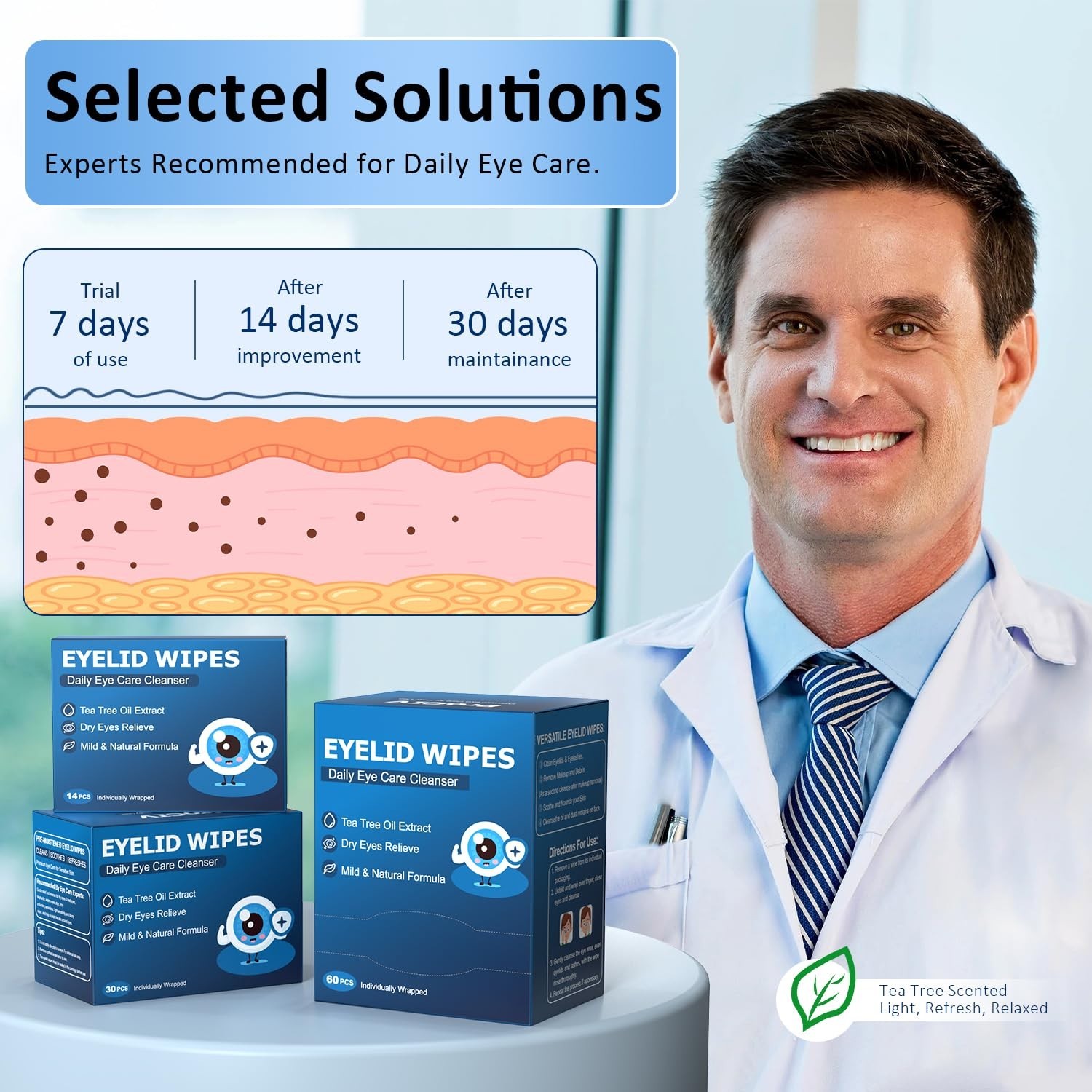 Travel-Friendly Tea Tree Oil Eye Wipes – 14 Extra Large Daily Cleansing Packs