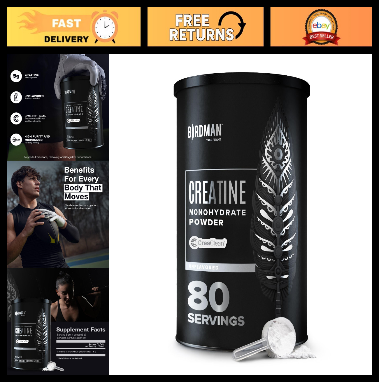Micronized Creatine Monohydrate Powder – Vegan, Gluten Free, Sugar Free, 80 Serv