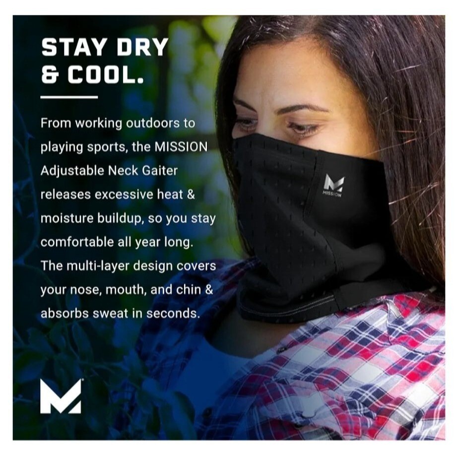 Mission All-Season Adjustable Neck Gaiter Moisture-Wicking Sun Protection Black