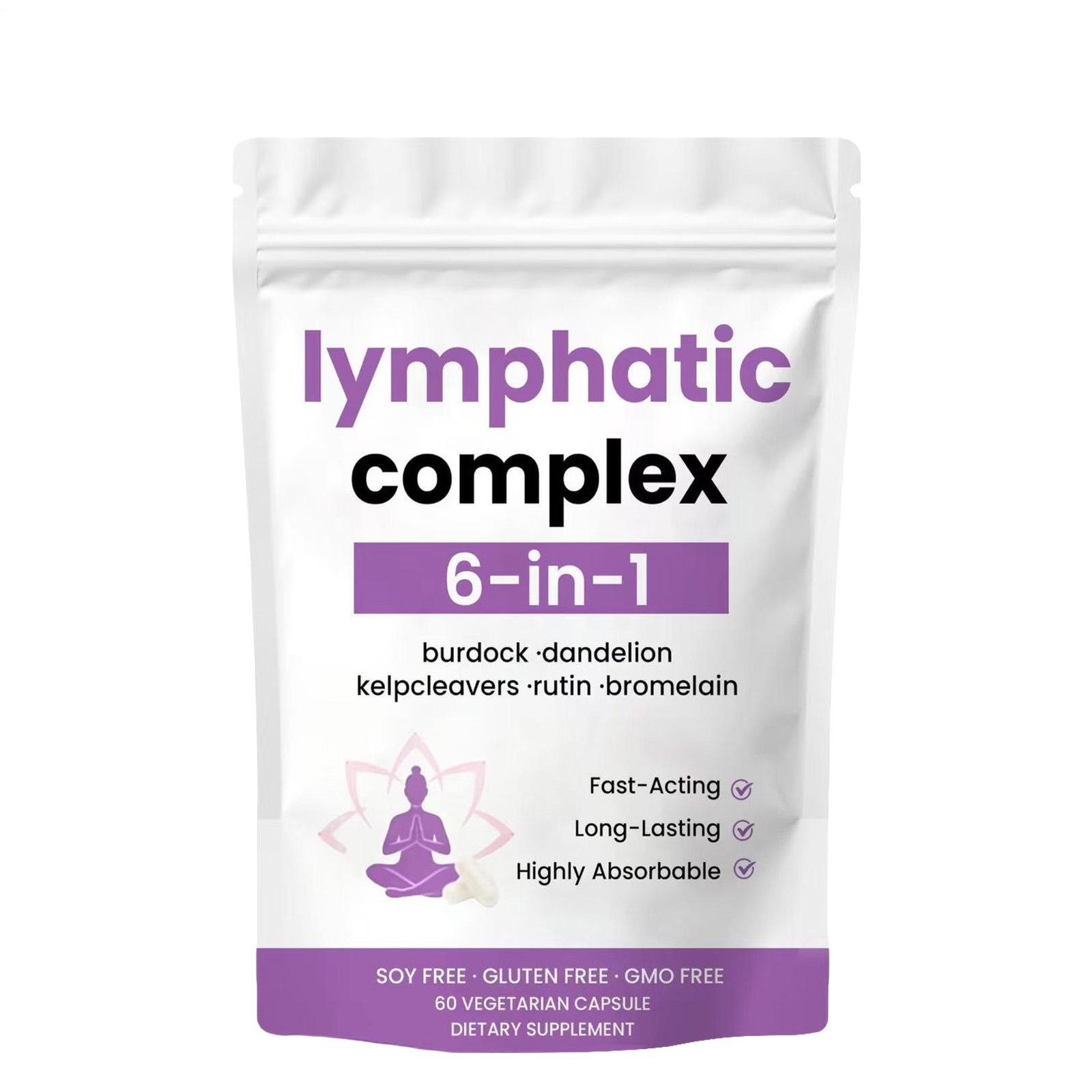 6-in-1 Lymphatic Complex Drainage Supplement Dandelion Burdock Bromelain Kelp