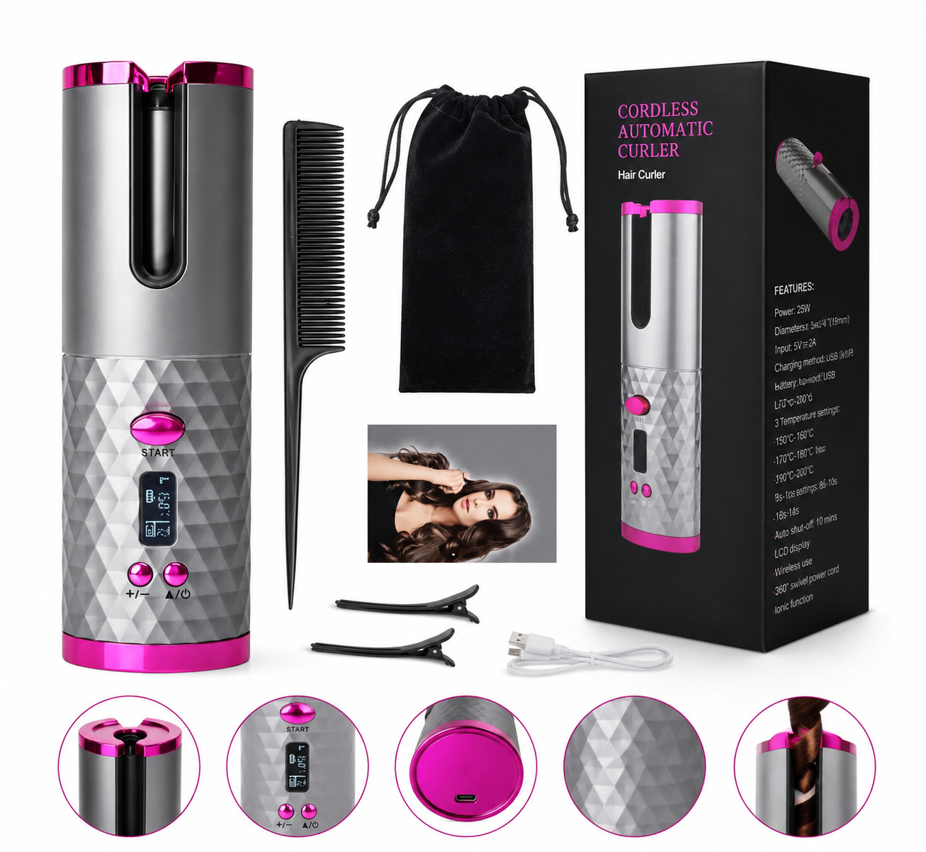 Portable Cordless Automatic Hair Curler – Ceramic Barrel, 6 Temps, Quick Heat