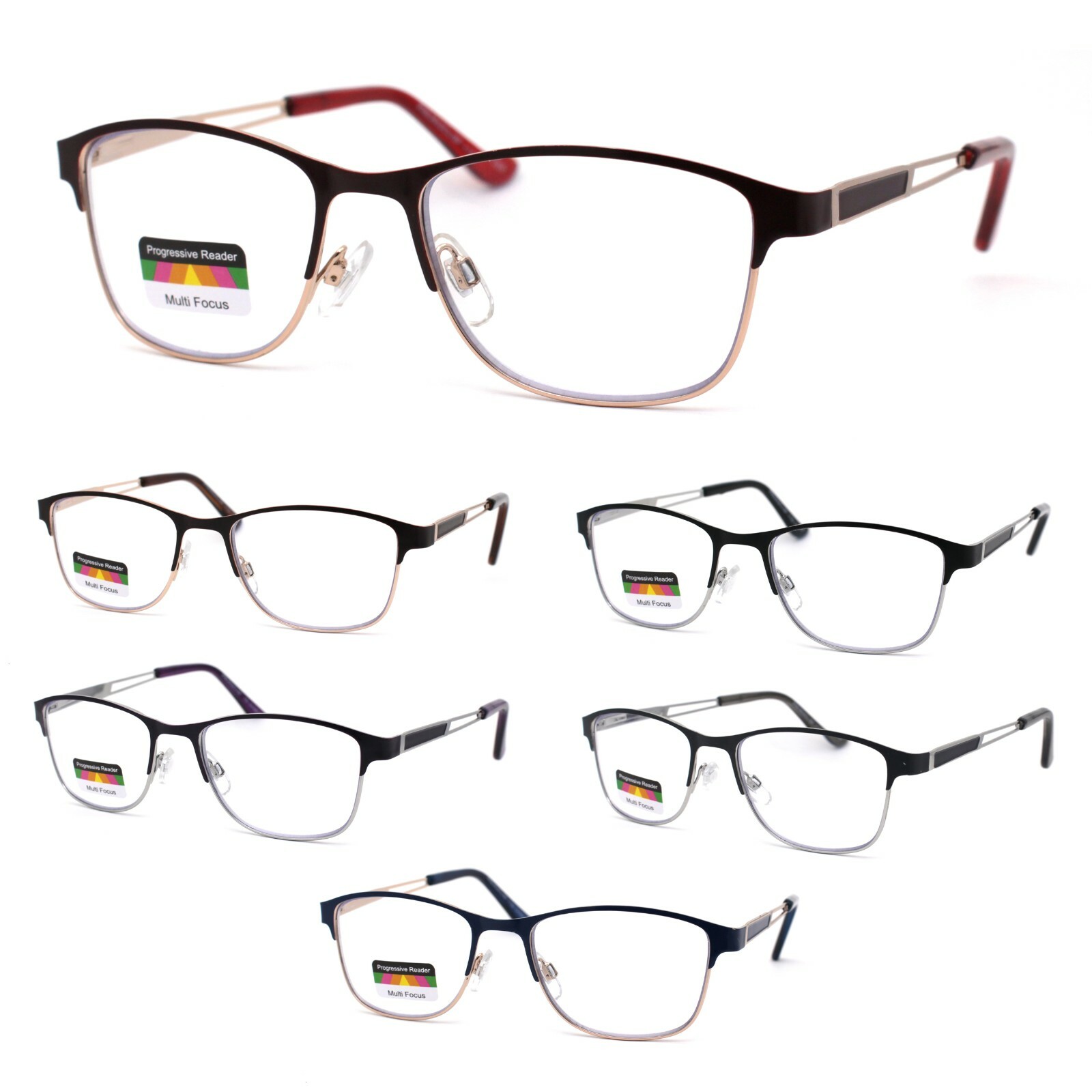 Rectangle Metal Half Rim Spring Hinge 3 Multi-Focal Progressive Reading Glasses