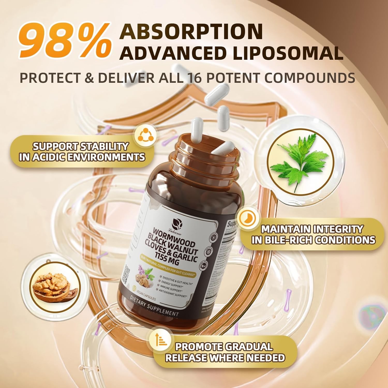 Wormwood Black Walnut Capsules, Rapid Gut Cleanse & Digestive Health 60/120P