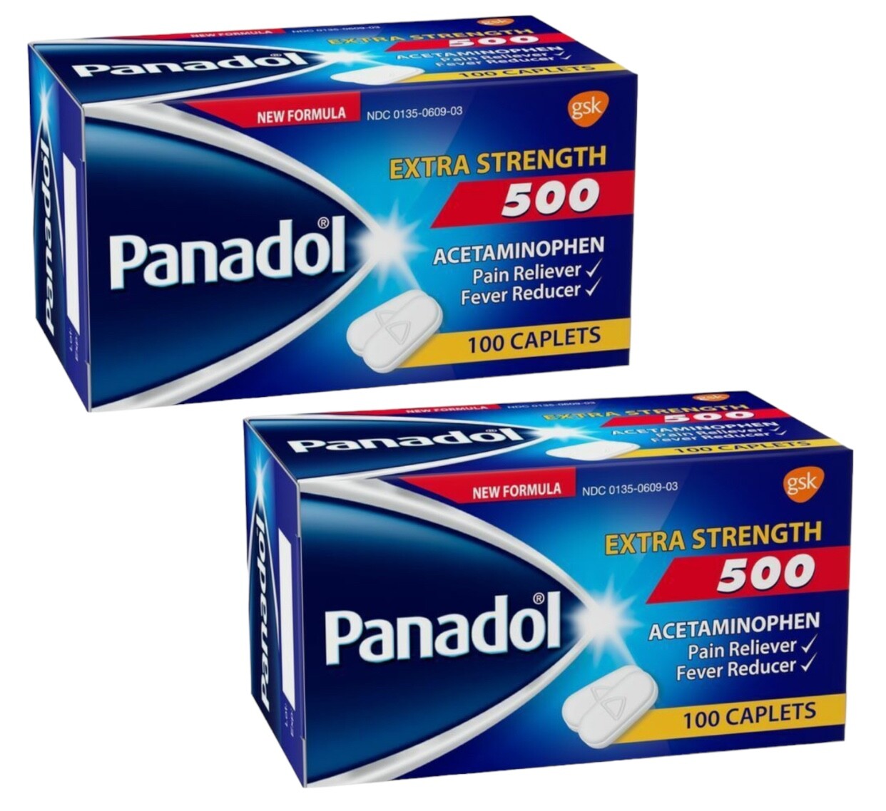 2 X PANADOL 500 mg Extra Strength Caplets Pain Reliever 100 CAPLETS EXP 12/2025