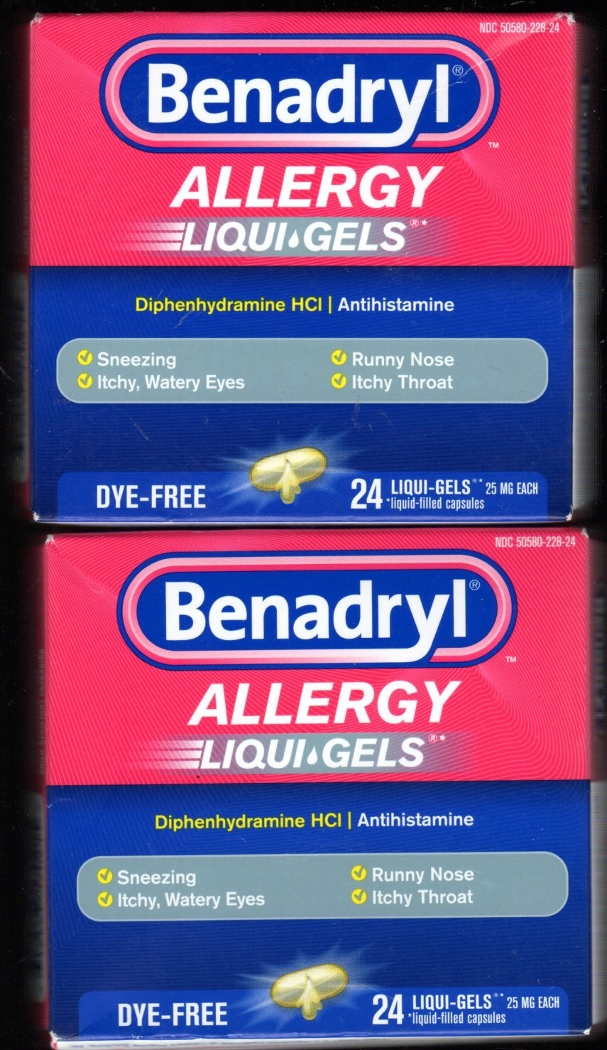 (2)Benadryl Liquid Gels Antihistamine Dye Free 48ct Exp12/2026+