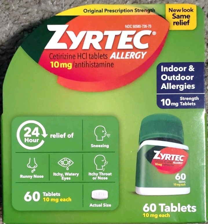 Zyrtec Cetirizine 10mg Antihistamine Tablets 60ct Exp DATE: 09/2027 THRU 09/2028