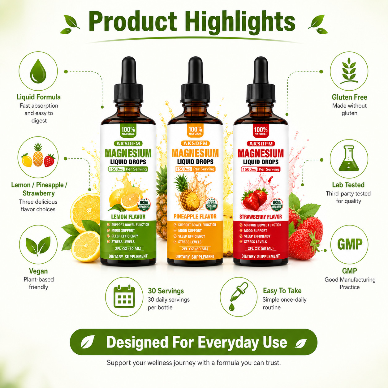 3 Flavor Magnesium Liquid Drops 1500mg Lemon Pineapple Strawberry 60ml Each