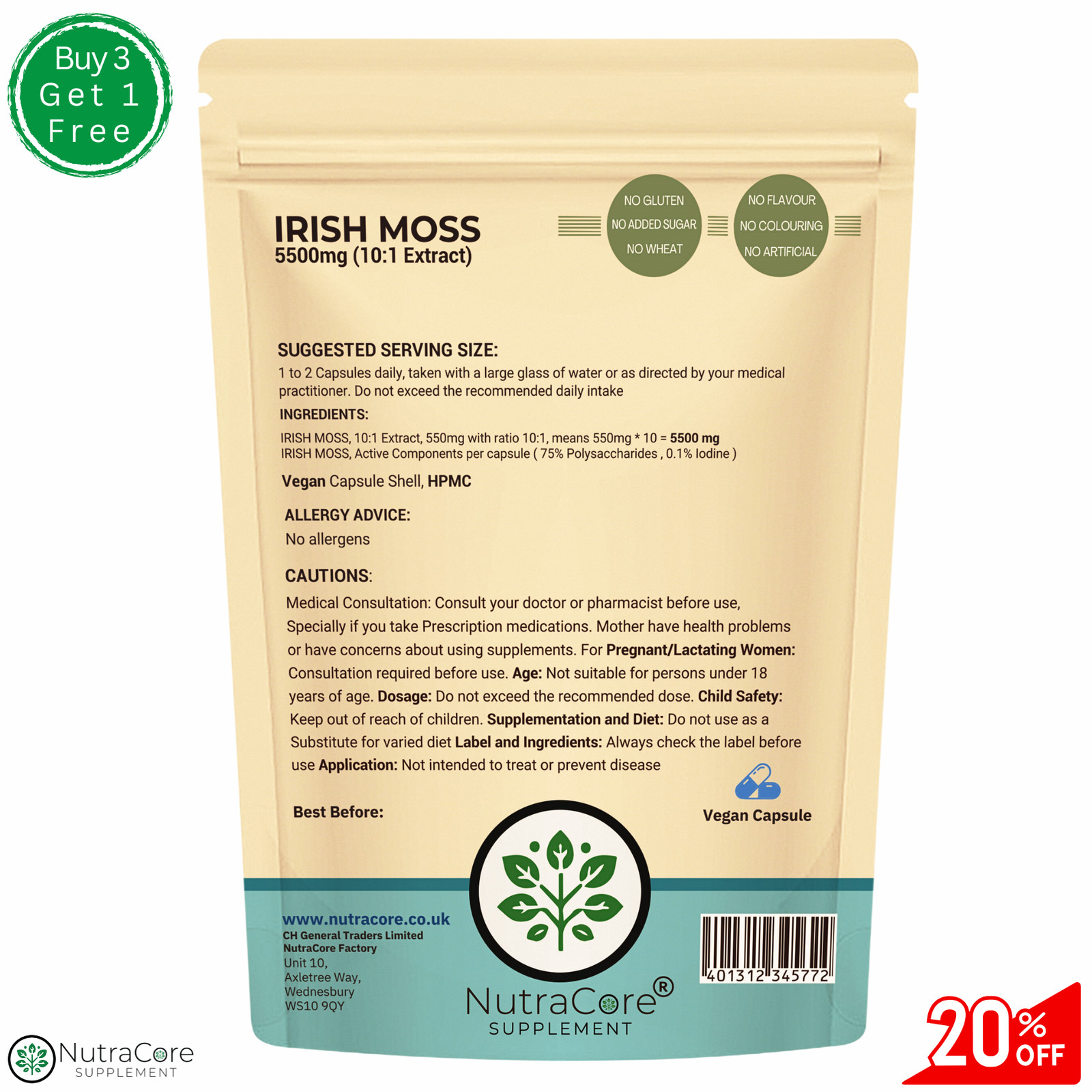 Irish Moss Capsule 5500mg (75% Polysaccharides, 0.1% Iodine)-100%Natural-180Caps