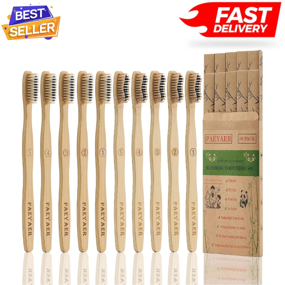 Bamboo Toothbrushes 10 Pack Biodegradable Soft Medium Charcoal Bristles
