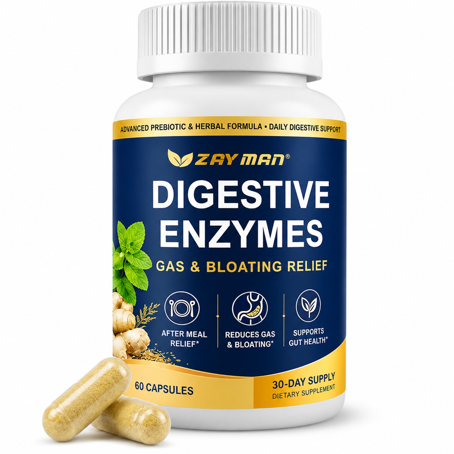 Digestive Enzymes Supplement for Bloating & Digestion Prebiotics Bromelain 60 CT