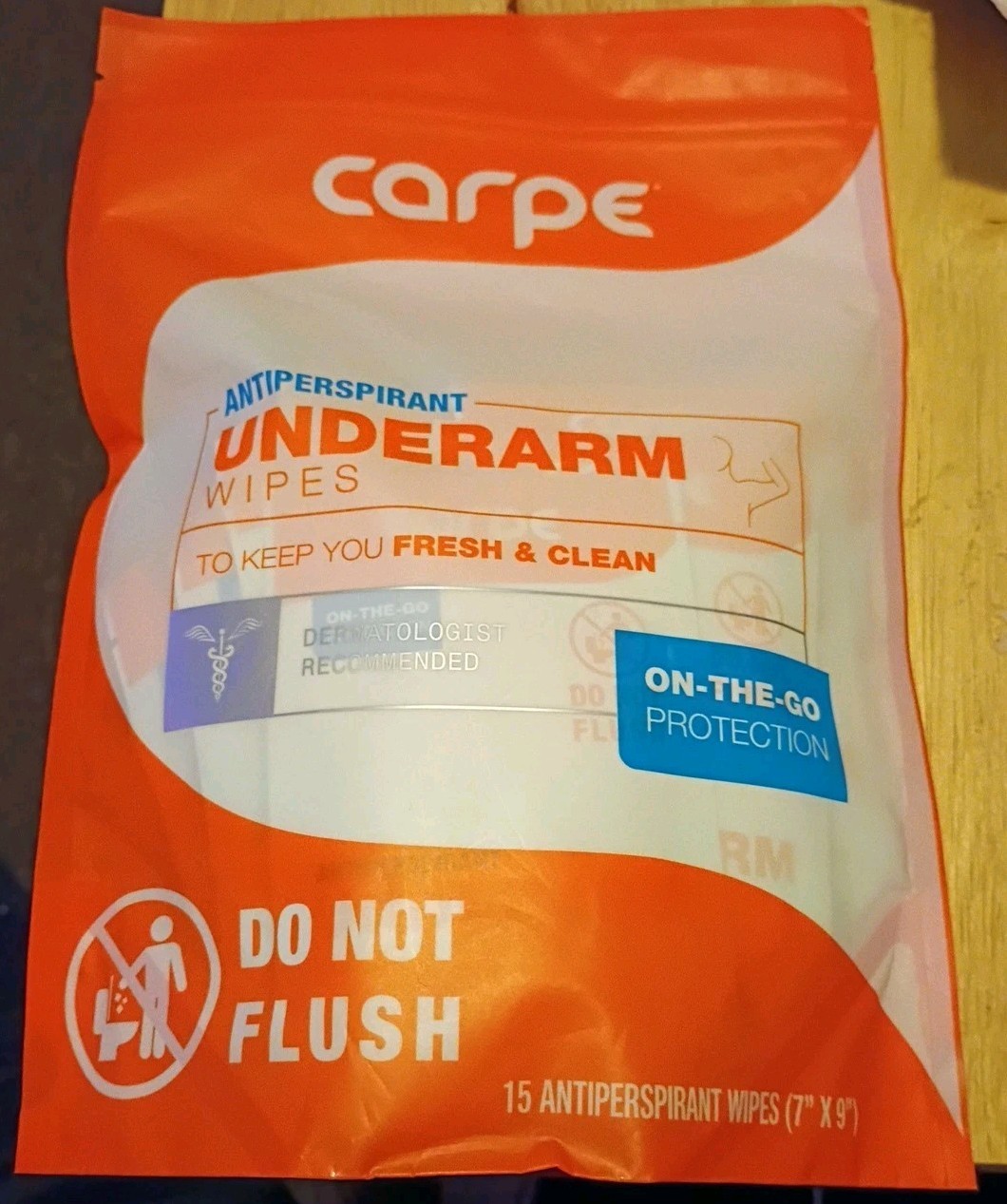 Carpe On The Go Antiperspirant Underarm Wipes 15 (7″x9″) Individual Packages