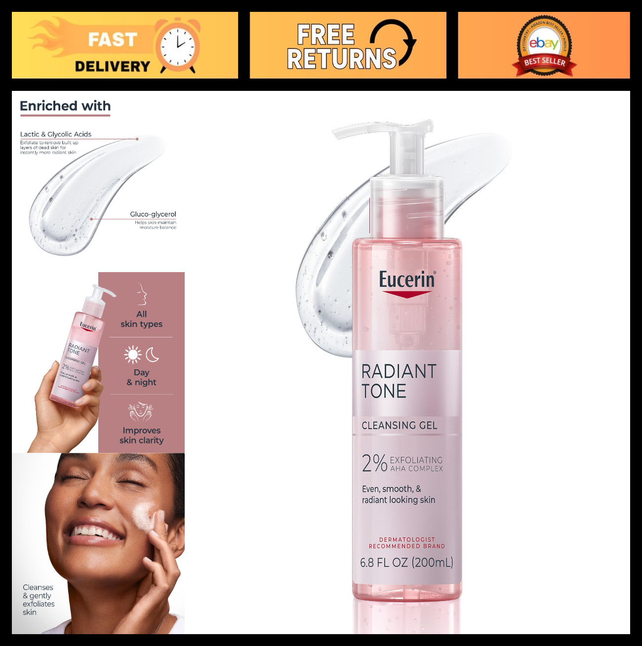 Gentle Exfoliating Face Cleanser Gel with AHA, Boosts Radiance & Clarity, 6.8 oz