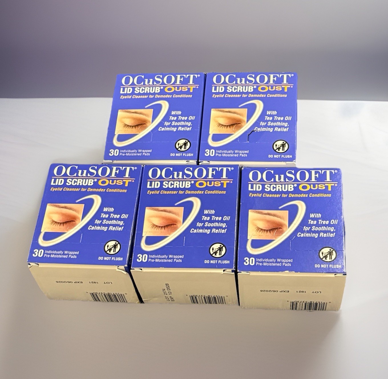 AUTHENTIC – OCUSOFT – LID SCRUB OUST – PRE-MOIST PADS -5 Packs EXP. 6/28-10/28)