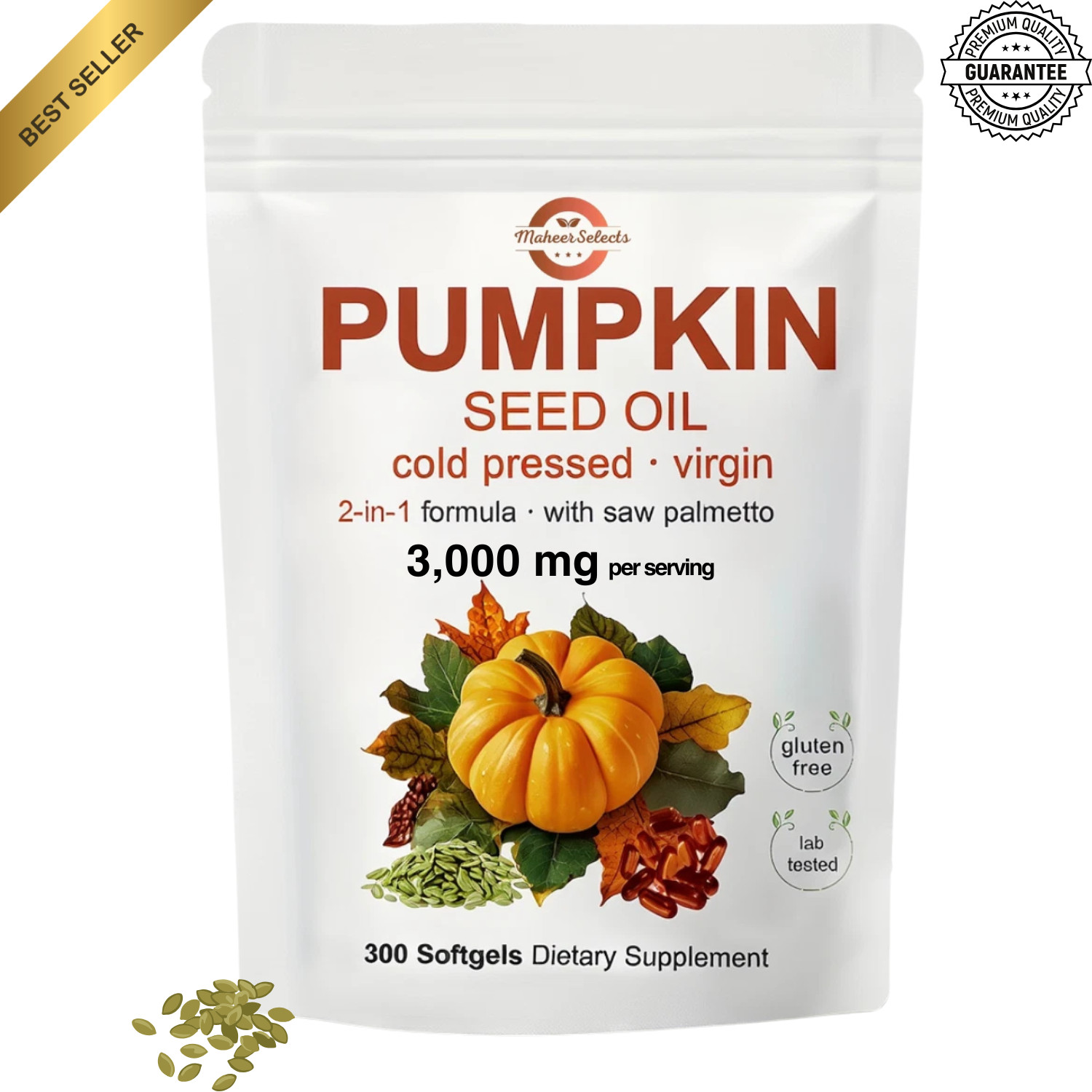 Pumpkin Seed Oil 3000mg Softgels | Cold Pressed Virgin | Saw Palmetto | 300 Coun