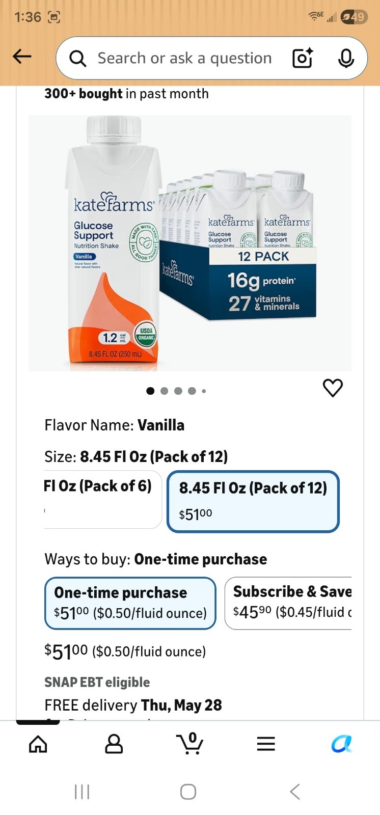 Kate Farms Glucose Support Vanilla USDA Organic Shake 8.45 fl oz 12 Pack