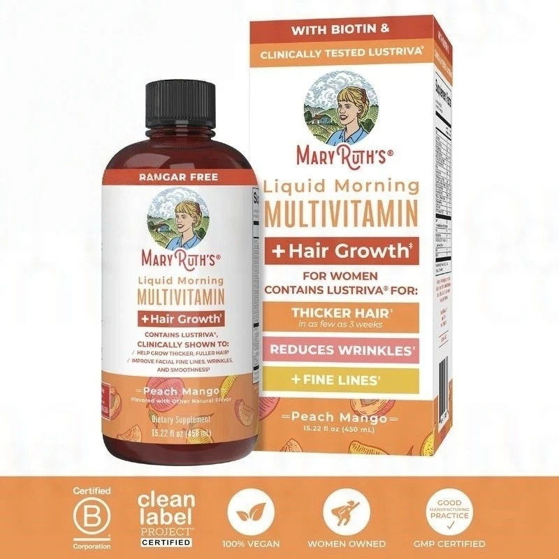 Mary Ruth’s Liquid Morning Multivitamin + Hair Growth – Peach Mango – 15 fl oz..