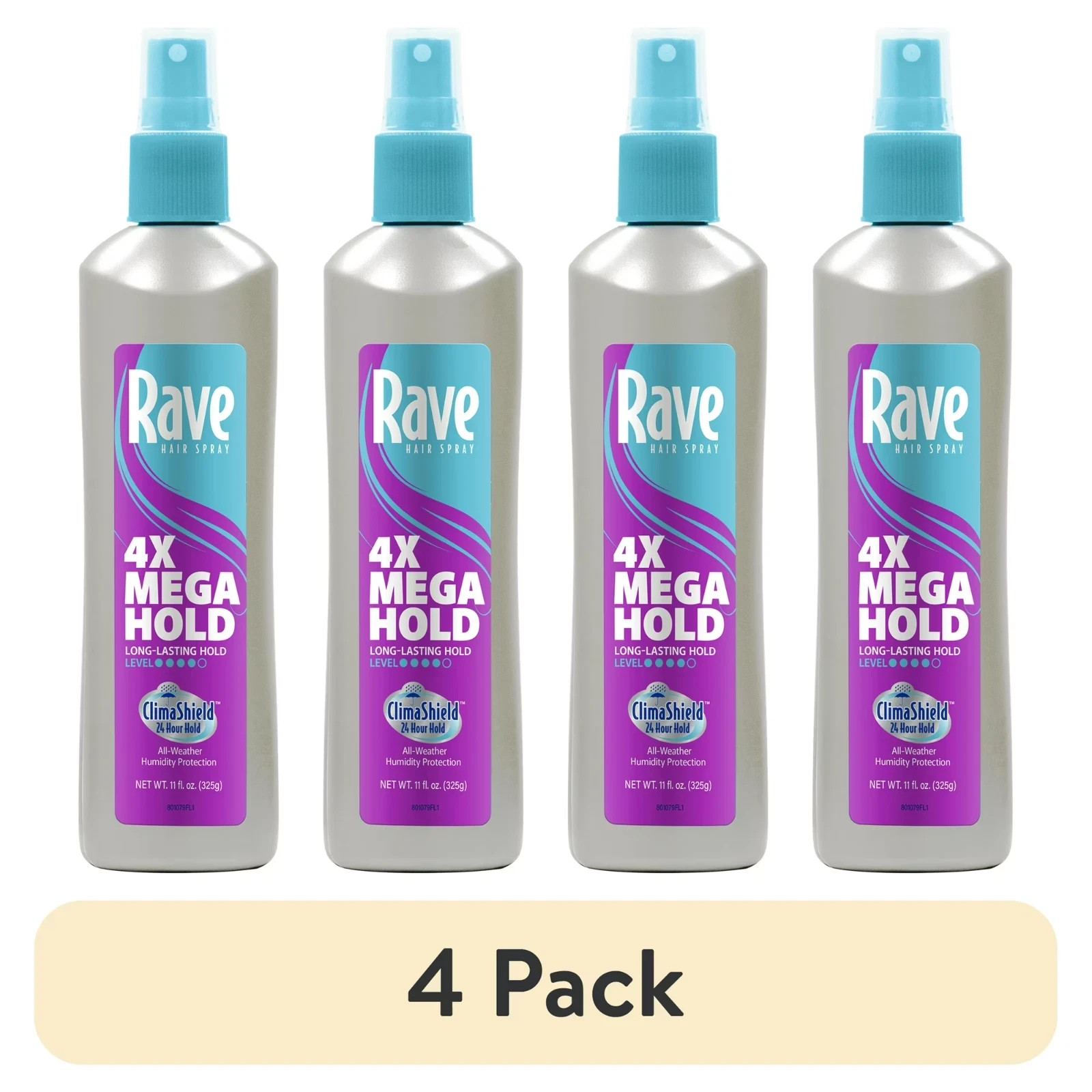 Rave 4X Mega Hold Non-Aerosol Hair Spray, All-Weather Protection Pack of 4