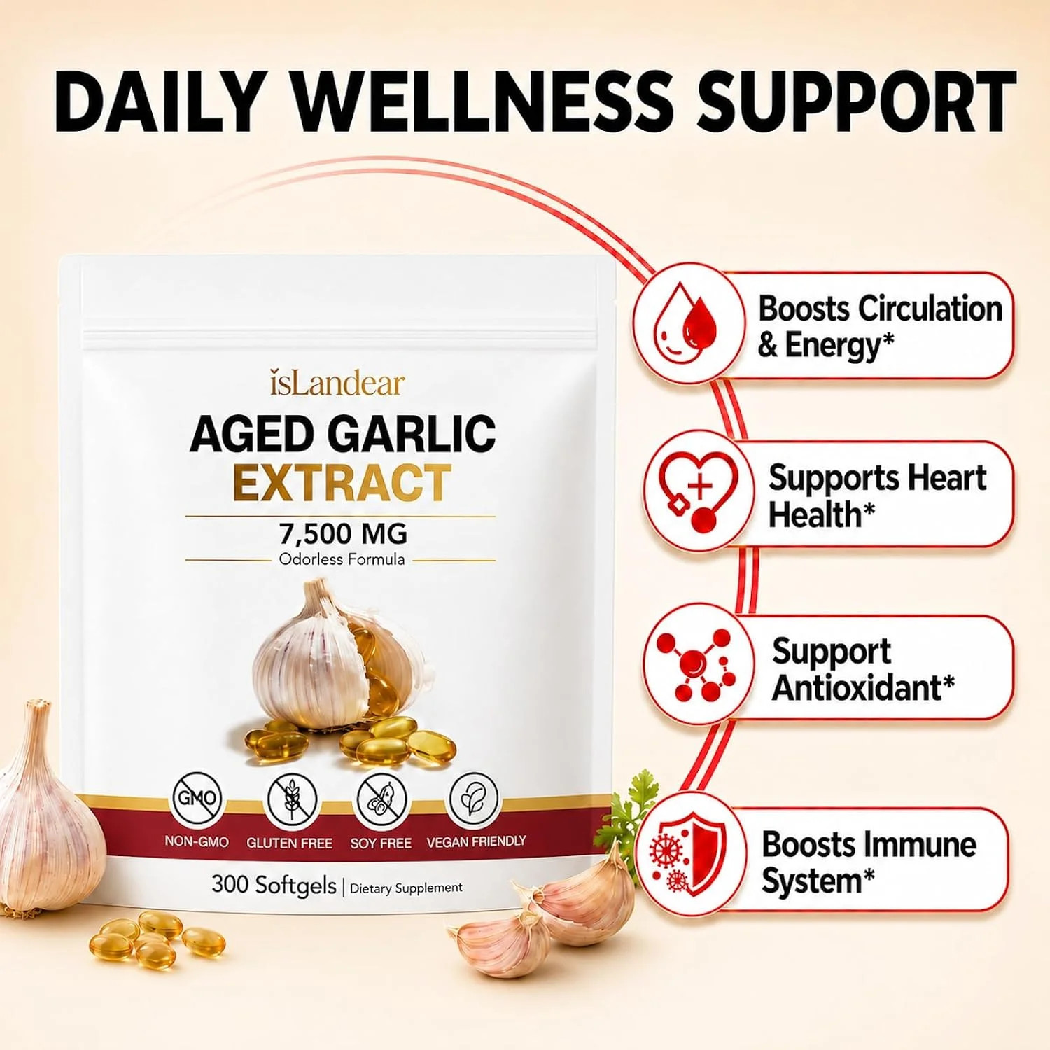 Aged Garlic Extract – 7500mg Odorless, 300 Softgels, Aged Garlic Supplement