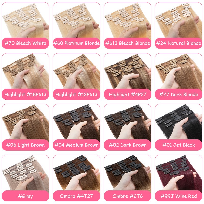 Clip In 100% Remy Real Human Hair Extensions 8Pieces 18Clips Brunette Full Head