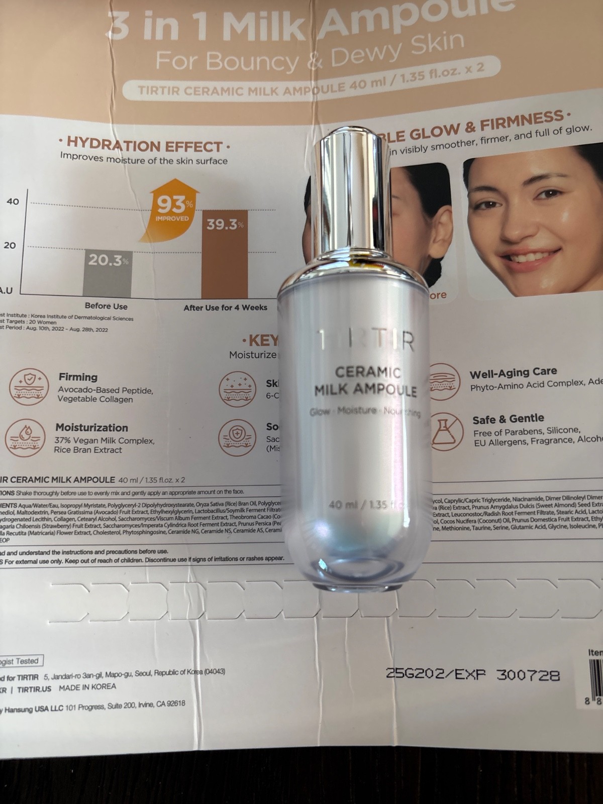 Korea TIRTIR Ceramic Milk Ampoule Serum Glow Moisture Nourishing 40ML 1.35 Fl Oz