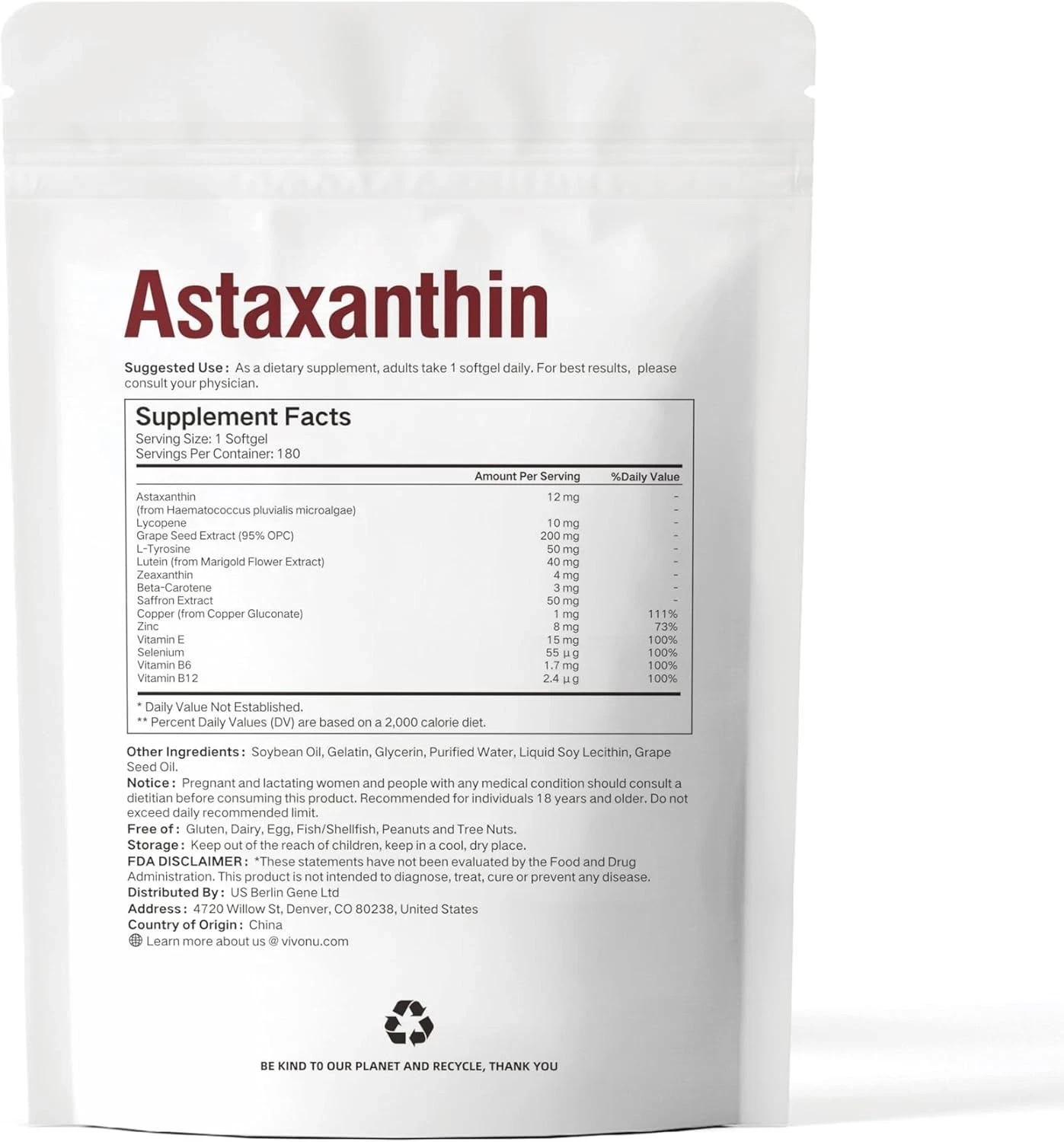 VivoNu 14-in-1 Astaxanthin 12mg & Lutein 40mg with Zeaxanthin Supplements, 6 Mon