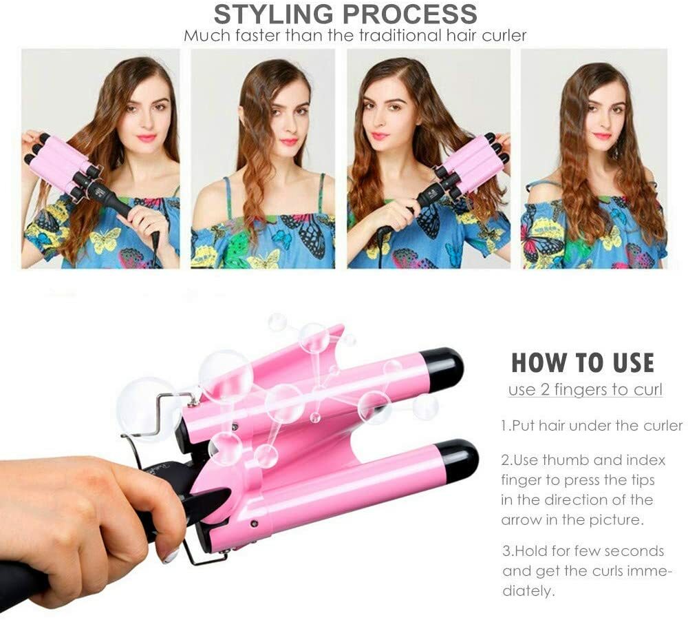 1 YEAR WARRANTY 3 Barrel Curling Wand Hair Iron with 2 level Temp 1 inch PINK