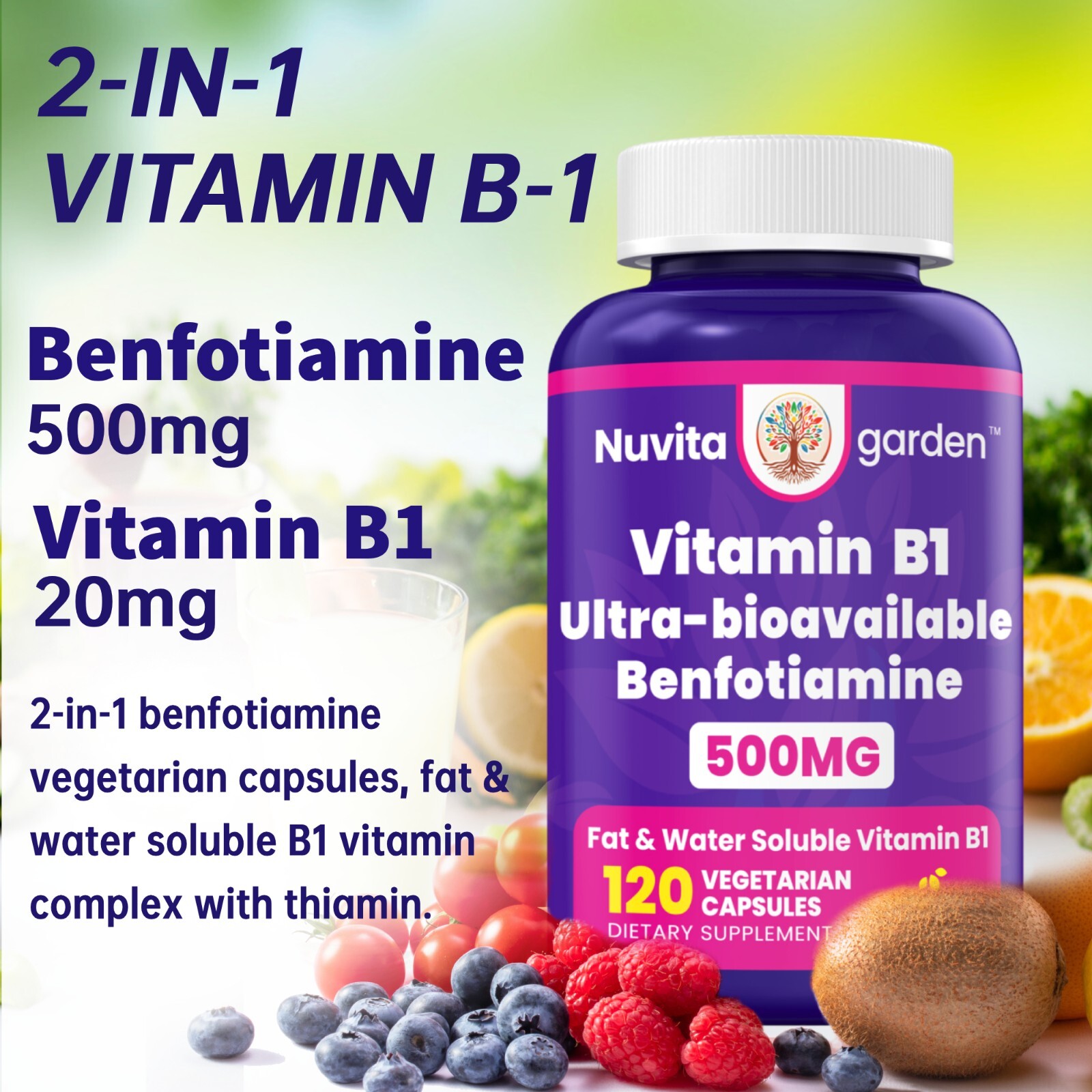 Vitamin B-1 Thiamine 500 mg, 60 Day Supply Dietary Supplement, Easy-to-Swallow