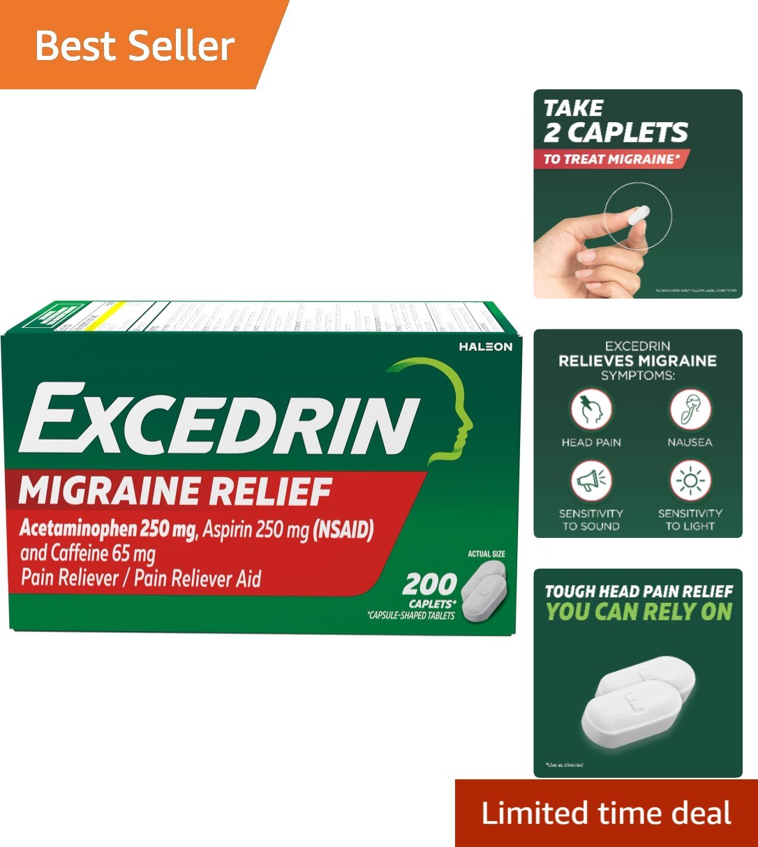 Fast-Acting Migraine Relief Caplets – Triple Action Formula, 200 Count